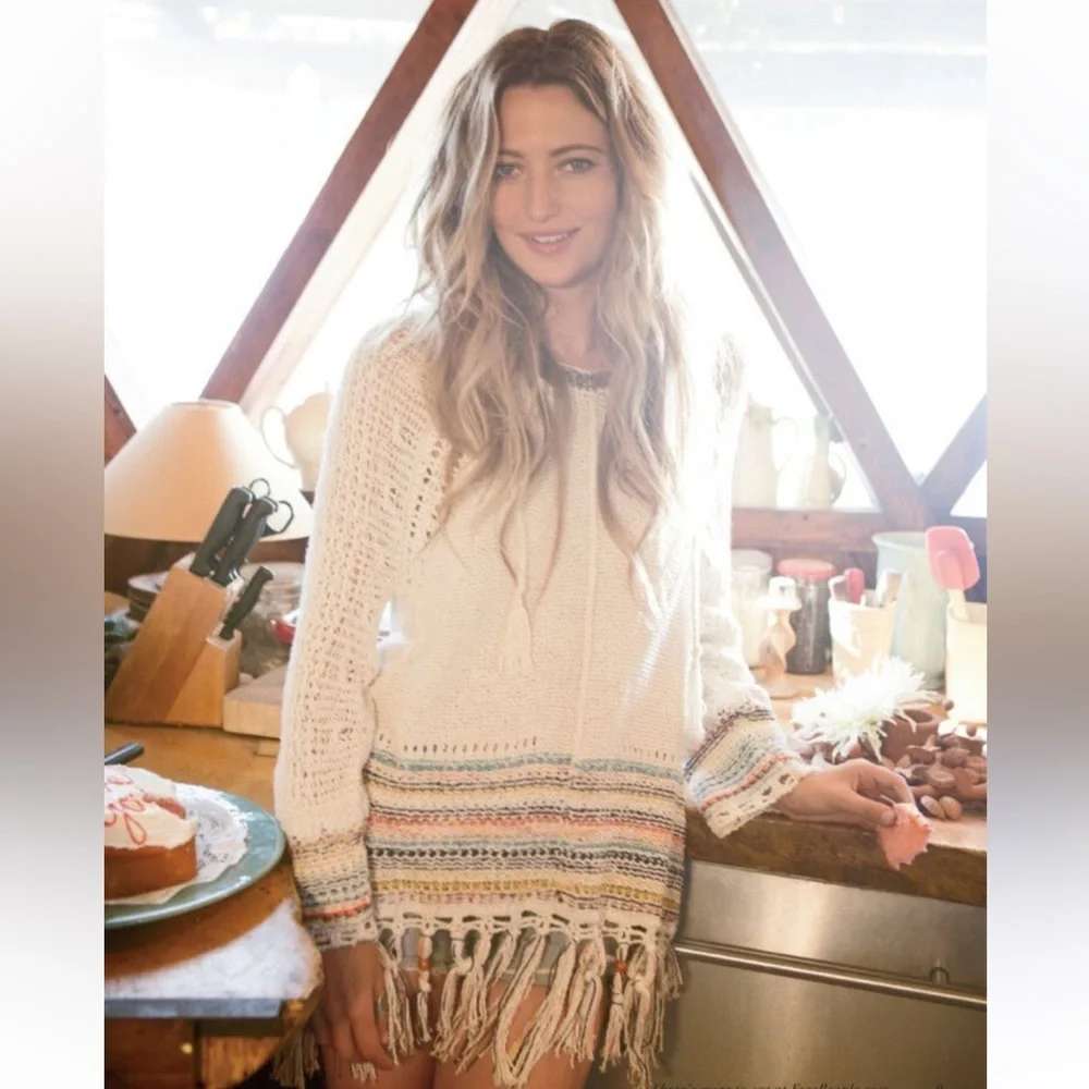 Free People Knit Crochet Hooded Pullover Tah-Loo Fringe Tunic Sweater Boho Indie - Picture 8 of 8